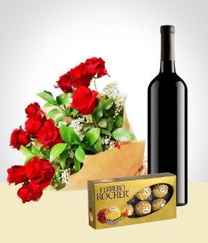 Flores :  - Combo Elegancia: Bouquet de 12 Rosas + Vino + Chocolates